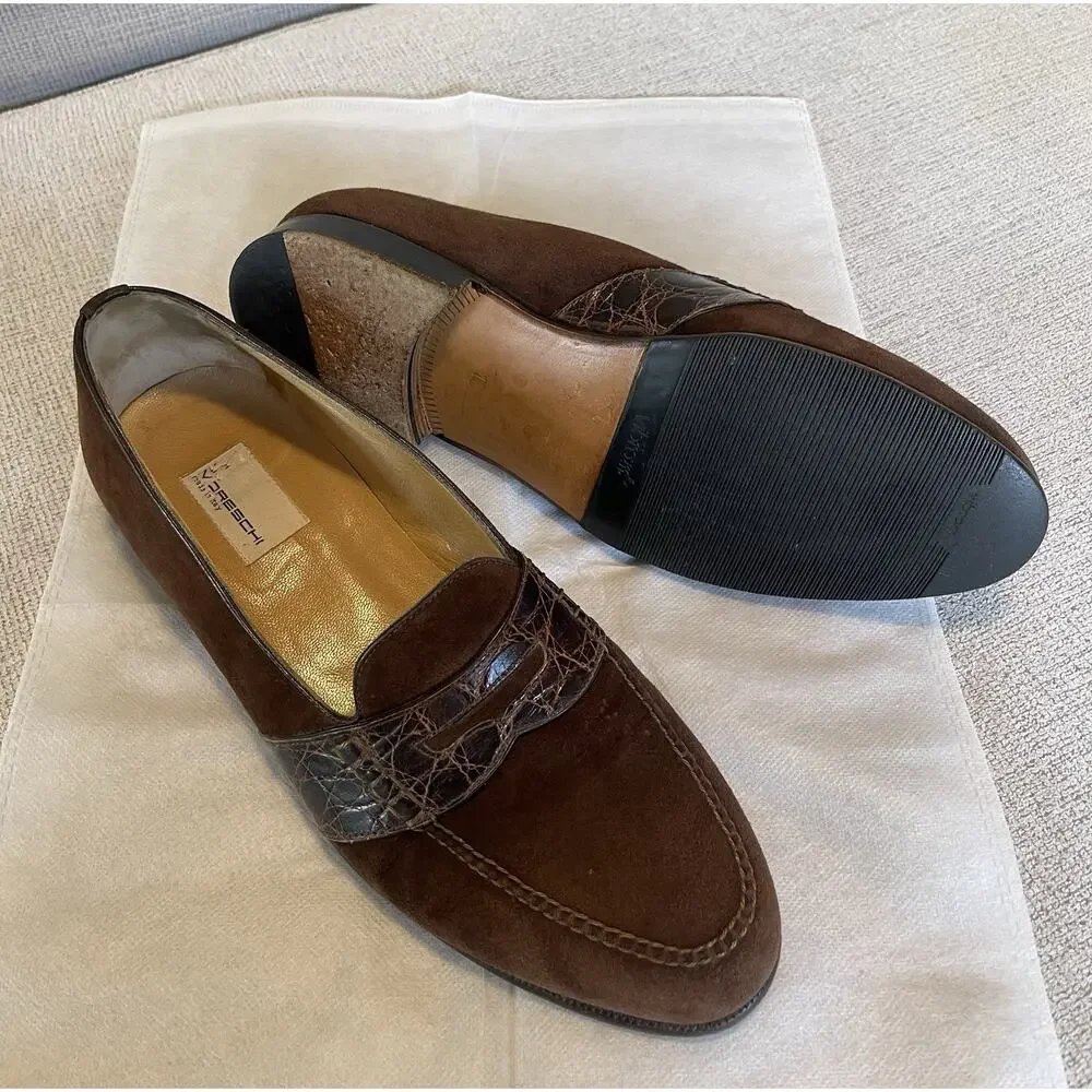 Moreschi Italy Men LoafersSz 8.5EU 9.5US Dark Brown Suede Genuine Crocodile Skin